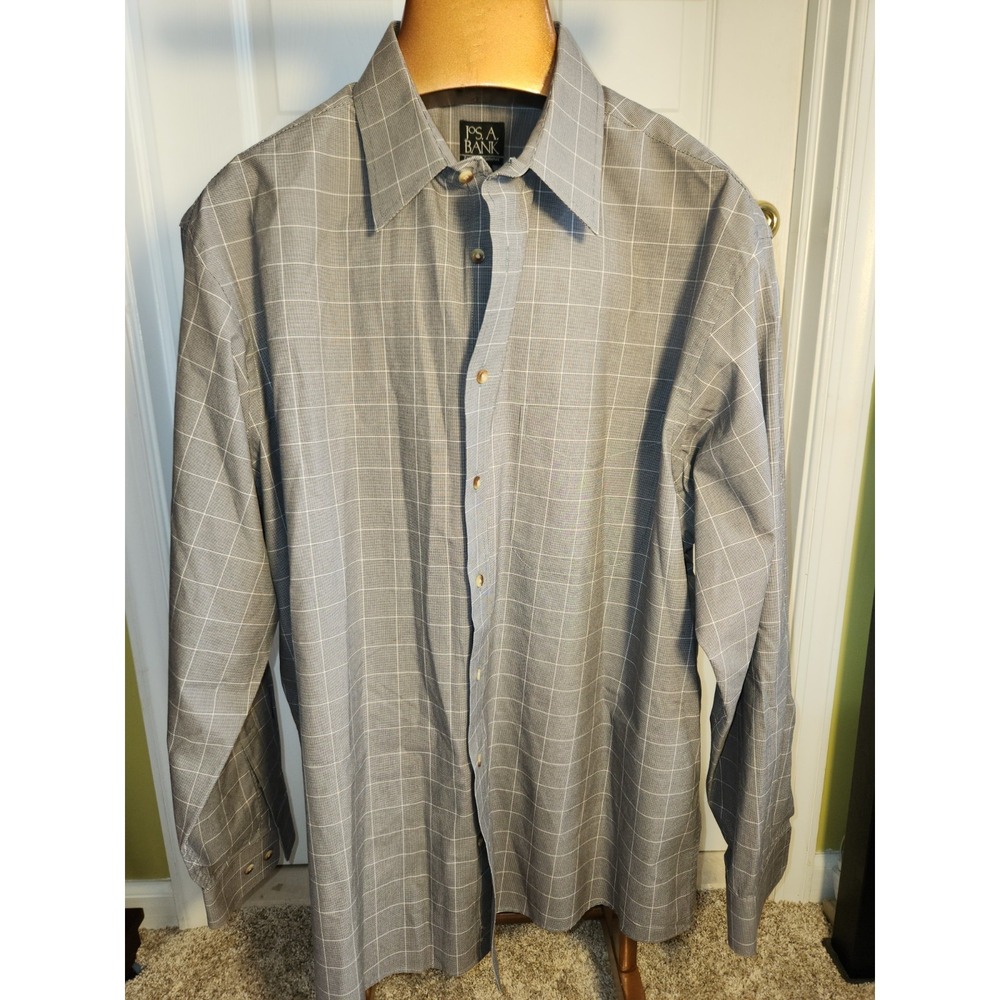 Jos A Bank Shirt Mens Medium Gray Glen Plaid Windowpane Traveler Cotton